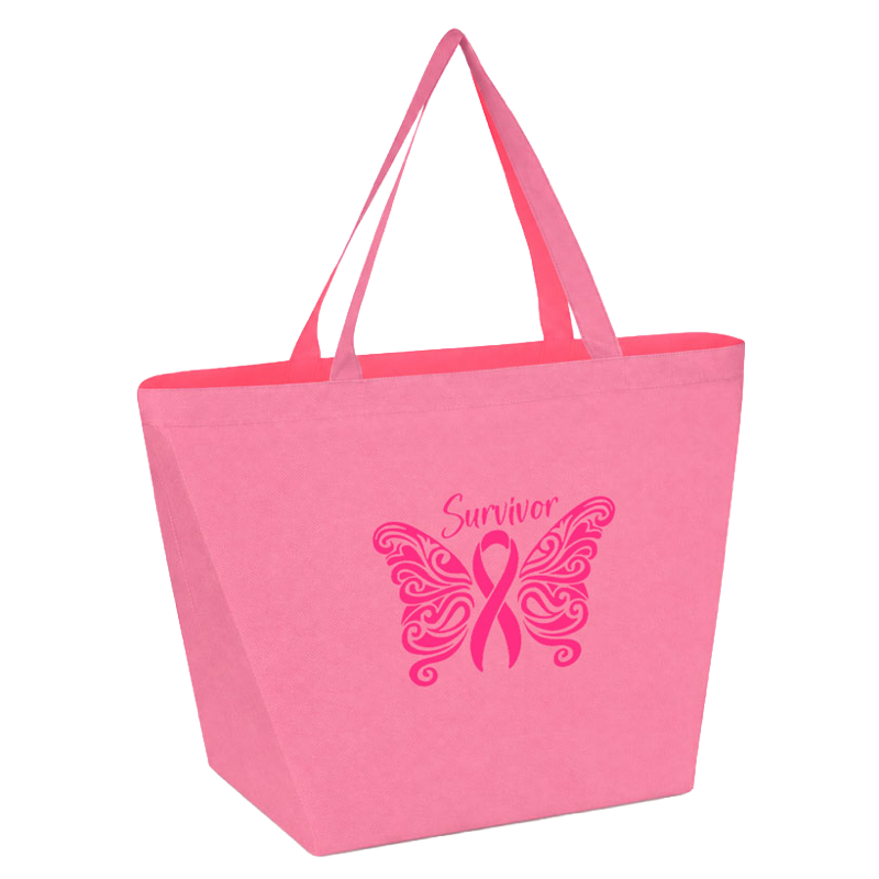 Pink non-woven shopper tote printed with a Survivor butterfly ribbon design