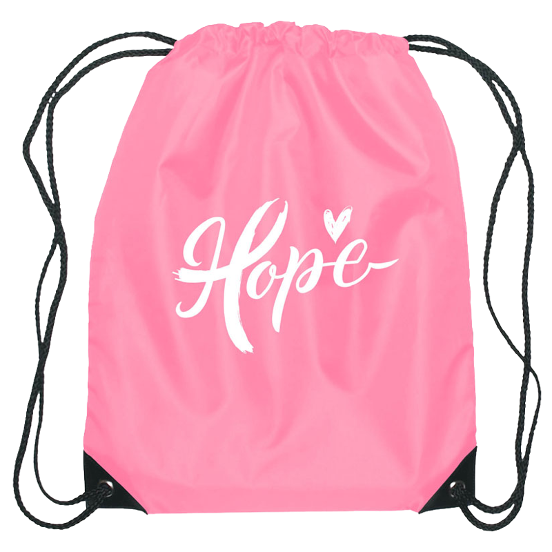 Pink drawstring sports pack with black cords and white Hope script