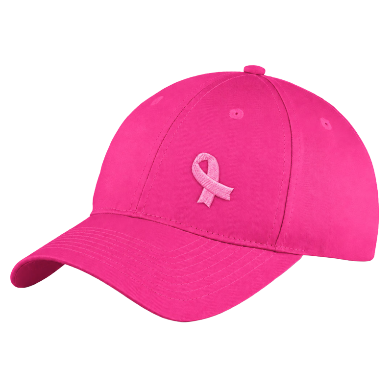 Pink unstructured twill cap with an embroidered light pink awareness ribbon