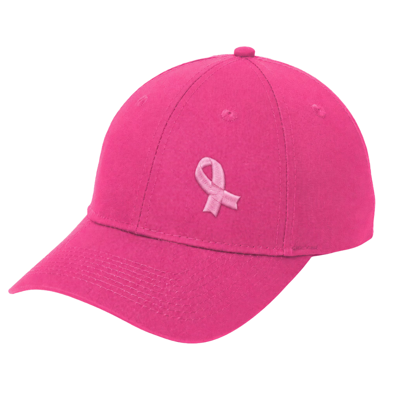 Pink six-panel twill cap with an embroidered light pink awareness ribbon