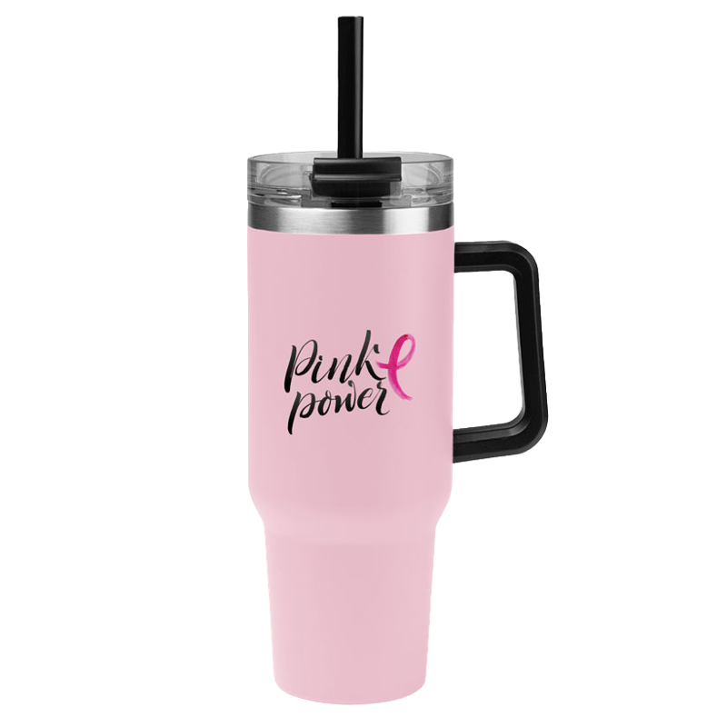 Light pink 40 oz stainless tumbler with black handle and straw, printed with Pink Power script