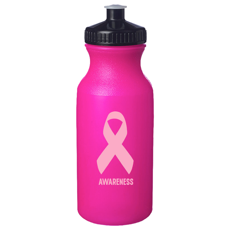 Bright pink 20 oz plastic water bottle with a light pink ribbon and the word Awareness