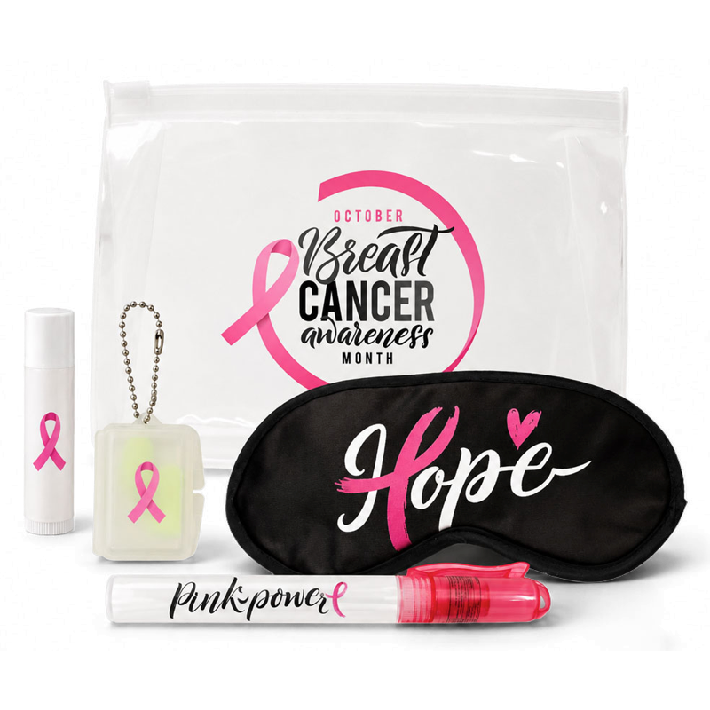 Clear zip pouch with lip balm, earplugs, black Hope sleep mask, and Pink Power pen