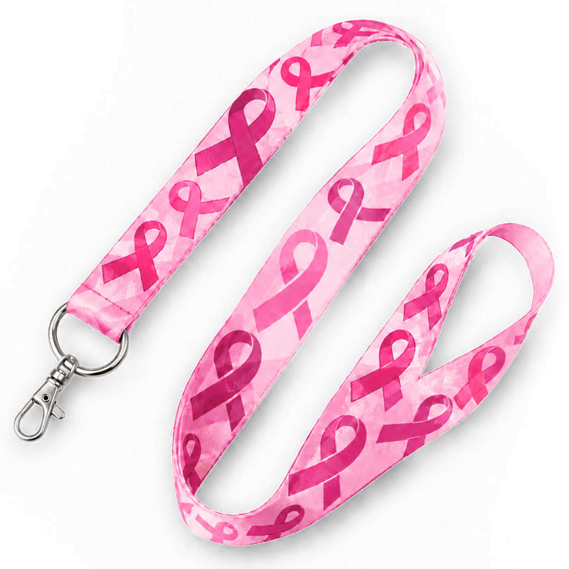 Light pink lanyard printed with pink awareness ribbons, with a metal lobster clip