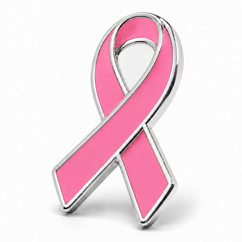 Pink enamel awareness ribbon lapel pin with polished silver edges
