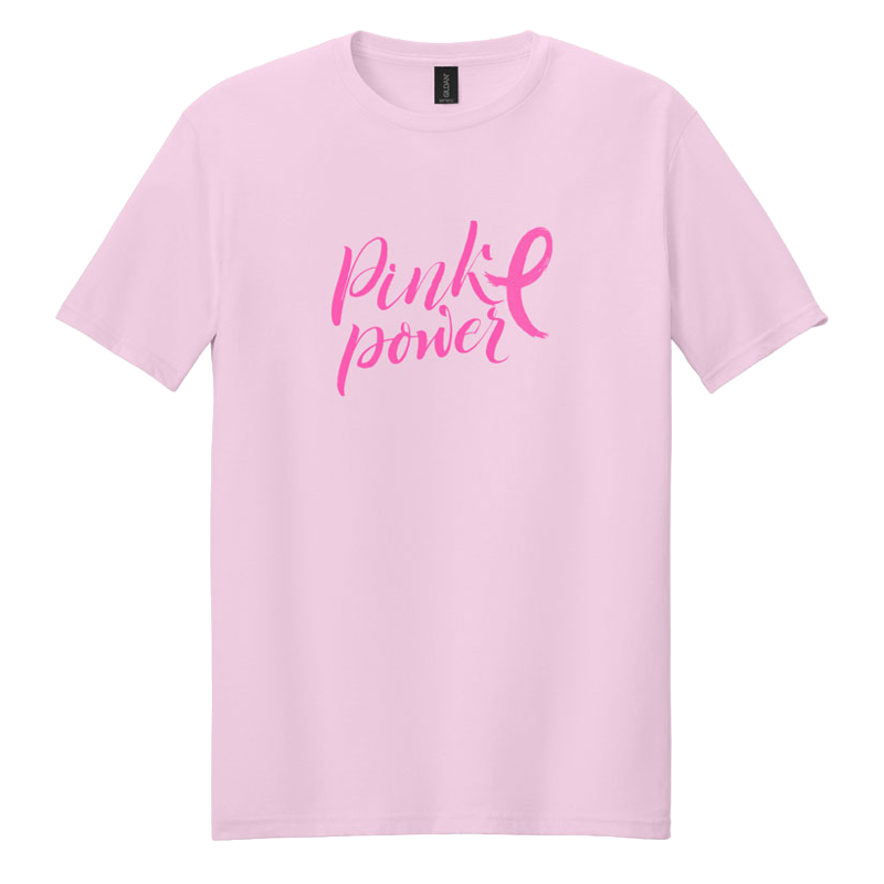 Light pink Gildan t-shirt with Pink Power script and ribbon printed on the chest