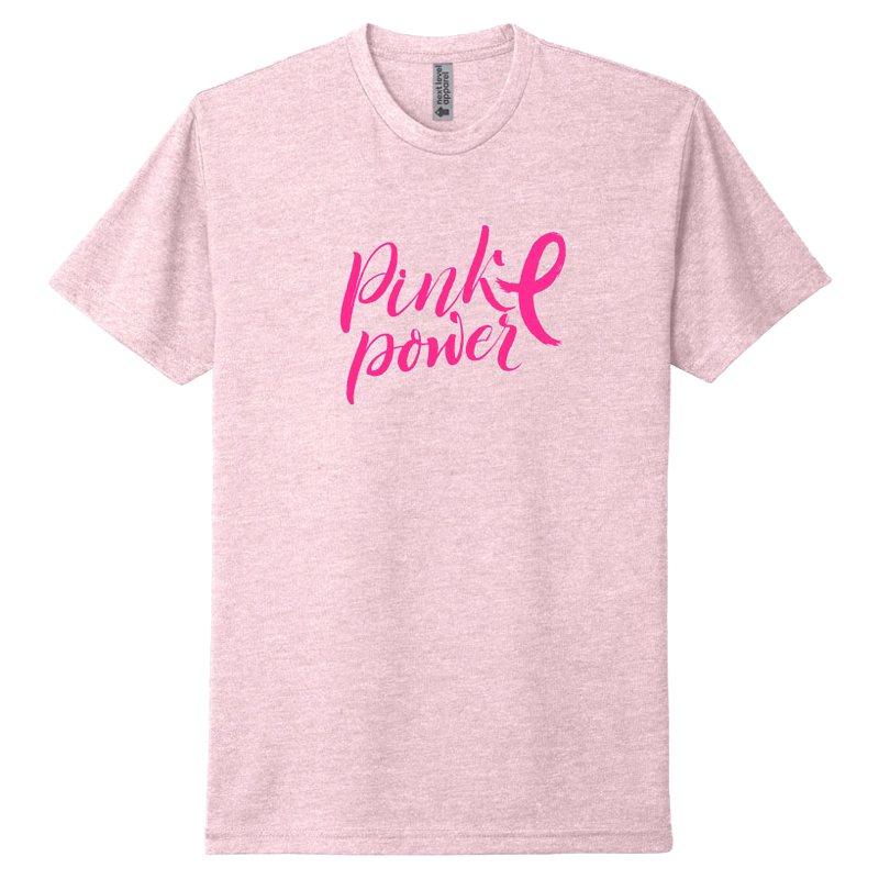 Heather pink Next Level t-shirt with Pink Power script and ribbon printed on the chest