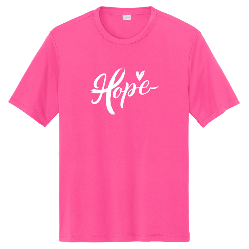 Bright pink Sport-Tek performance tee with white Hope script and heart on the chest